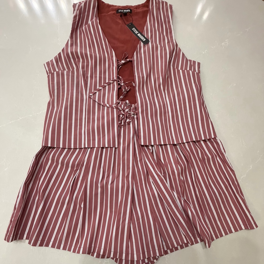 Nwt Steve Madden Striped Tie-Front Two-Piece Set, Vest/Shorts Rose And White, L